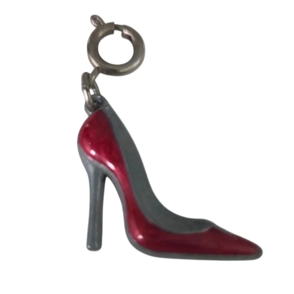 Red Enamel High Heel Stiletto Pump Charm Silver Tone Metal Spring Ring Clasp